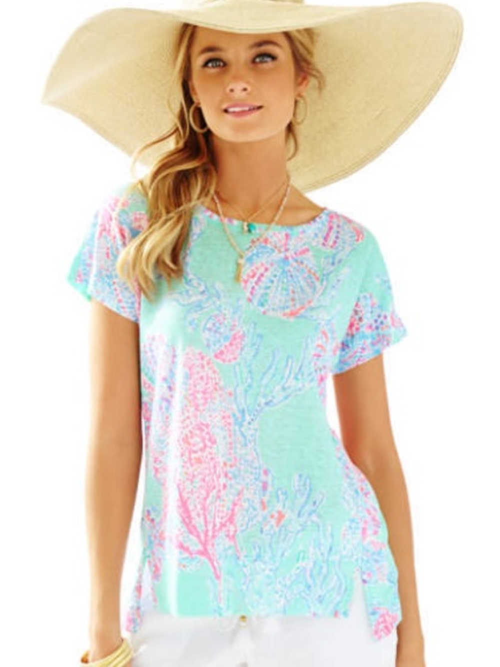 100% Linen Lilly Pulitzer Mint and Pink Seashell Print Short Sleeve Top